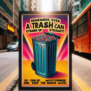 Remember, even a trash can stands up straight! So chin up, move forward and keep the humor alive!